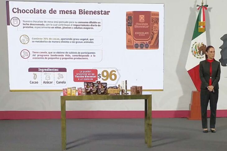 Claudia Sheinbuam en la presentación oficial del chocolate en la mañanera.