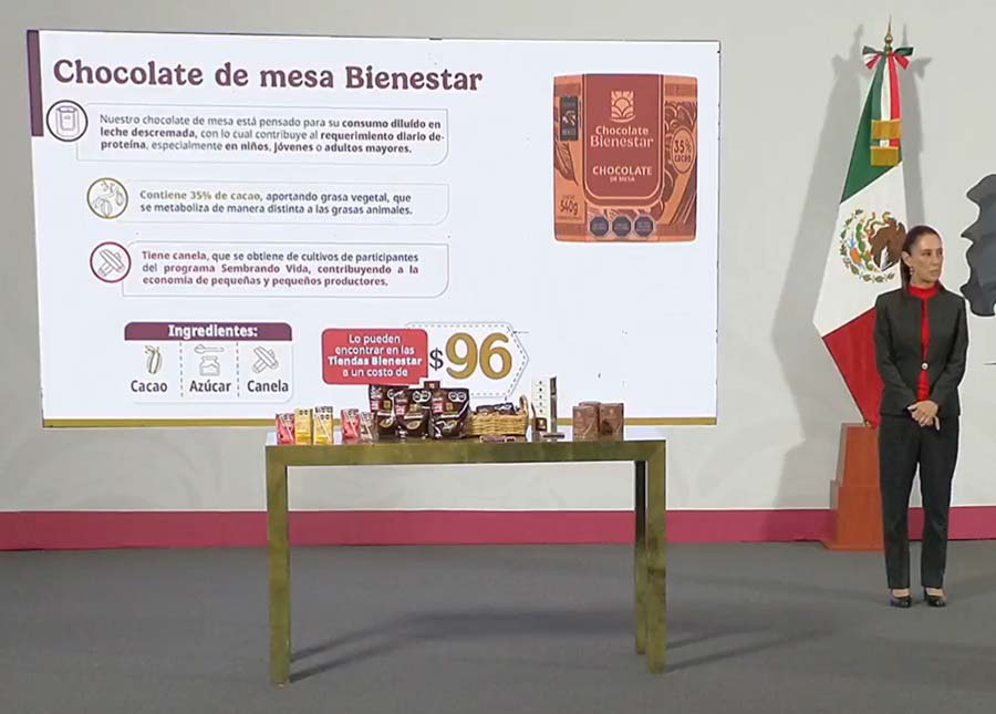 Claudia Sheinbuam en la presentación oficial del chocolate en la mañanera.