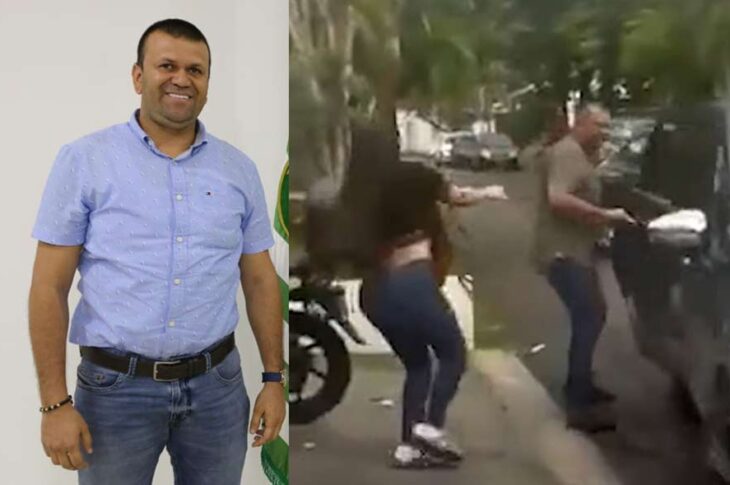 Olaya posando para foto y siendo captado saliendo del hotel con una mujer.