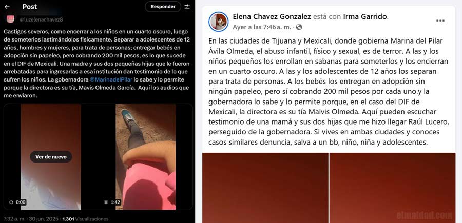 Posts de Elena Chávez en Twitter y en Facebook.