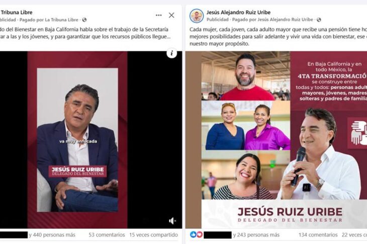 Capturas de pantalla de publicidad a favor de Ruiz Uribe en Facebook.