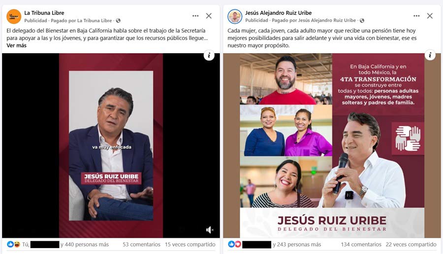 Capturas de pantalla de publicidad a favor de Ruiz Uribe en Facebook.