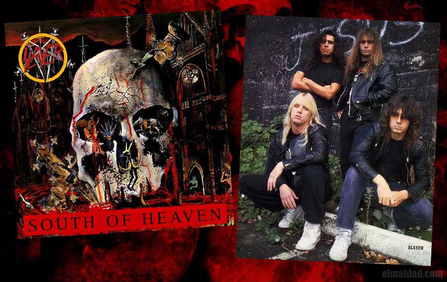 Portada de South of Heaven y la banda Slayer en 1988.