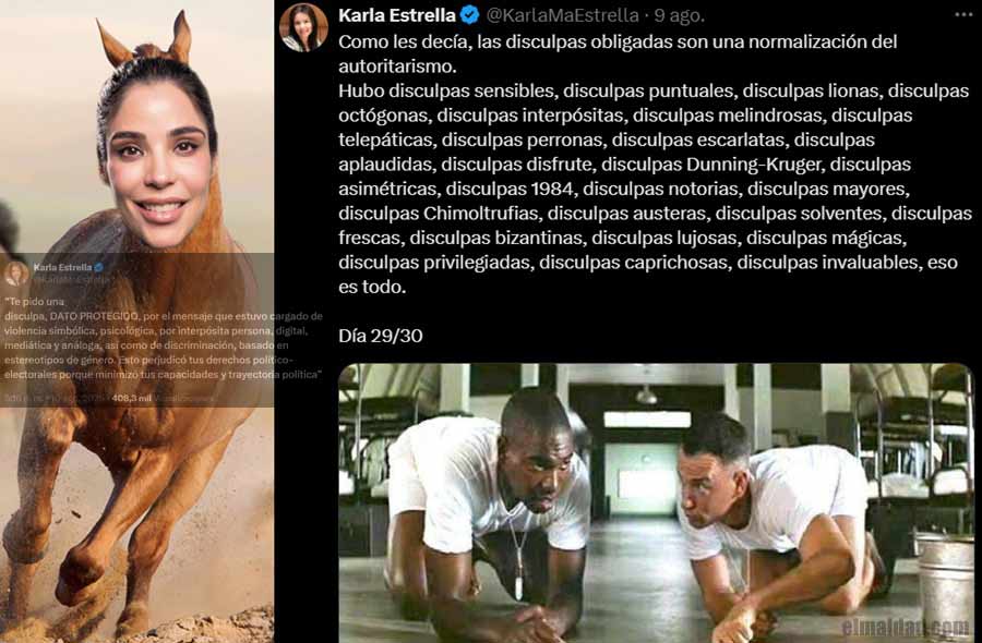 La Dato Protegido y un par de capturas de pantalla de tweets de Karla Estrella.