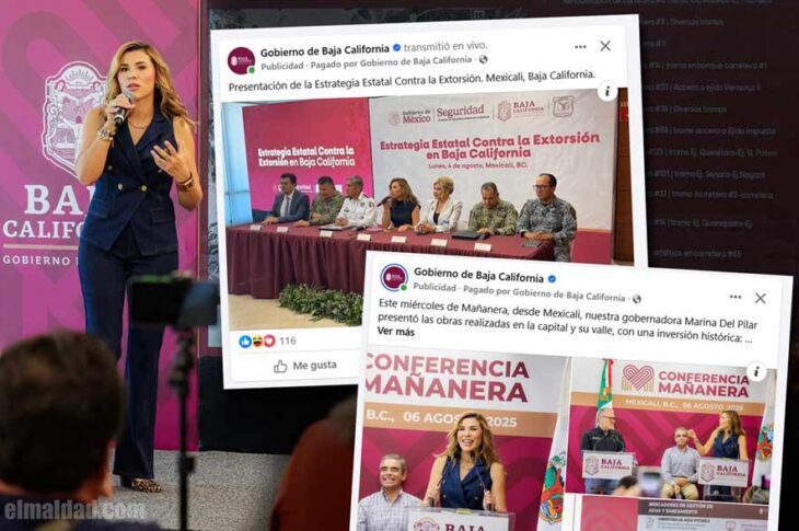 Marina del Pilar y capturas de pantalla de la publicidad pagada por el gobierno del estado.