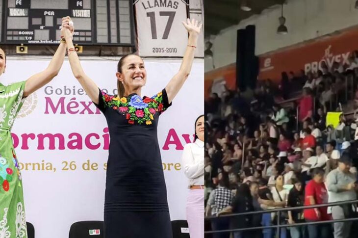 Marina del Pilar, Claudia Sheinbaum y acarreados retirándose.