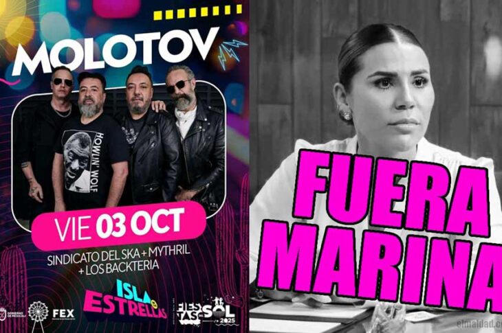 Flyer de Molotov en la isla de las estrellas en las fiestas del sol y Marina del Pilar con el texto de "fuera Marina".