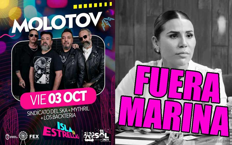 Flyer de Molotov en la isla de las estrellas en las fiestas del sol y Marina del Pilar con el texto de "fuera Marina".