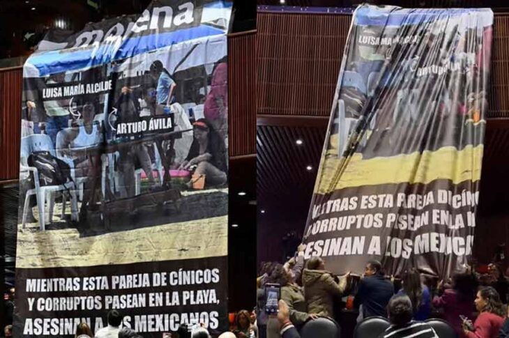 Diputados del PRI con su lona y los morenistas queriendo quitarla.