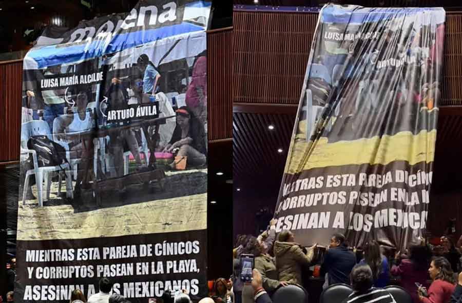 Diputados del PRI con su lona y los morenistas queriendo quitarla.