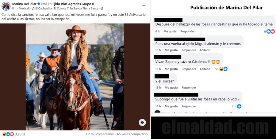 Marina del Pilar a caballo y comentarios reclamando su opacidad en las fosas clandestinas.