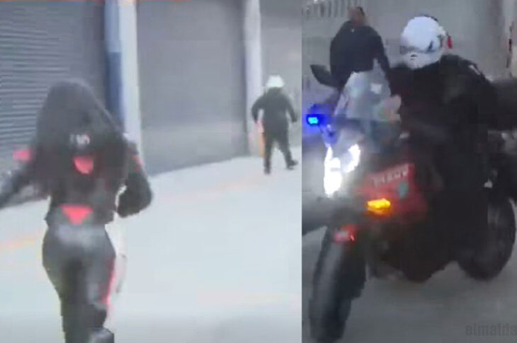 Reportera corretea a policía y este se va en moto.