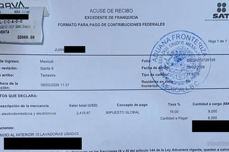 Documento de pago excesivo a aduana en Mexicali.