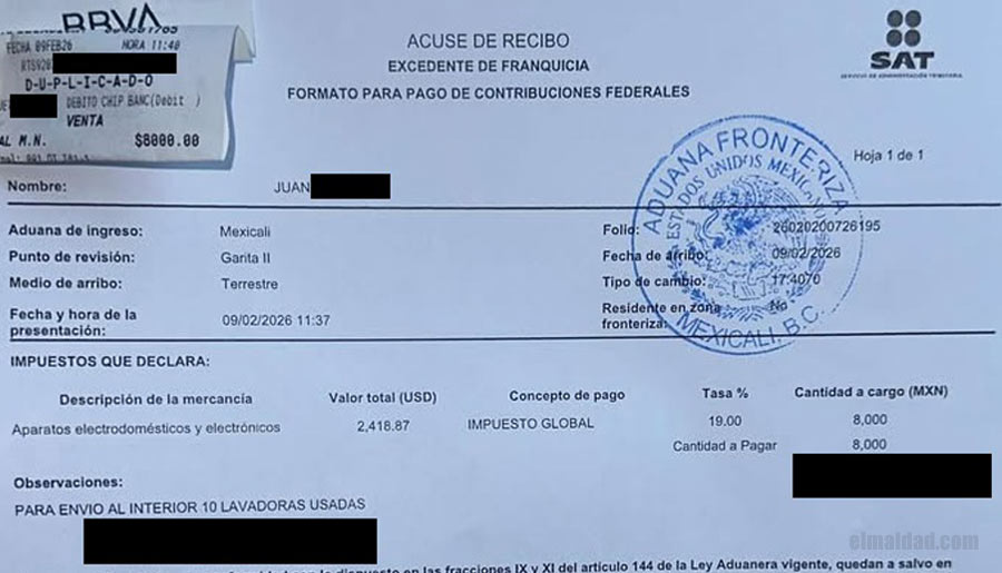 Documento de pago excesivo a aduana en Mexicali.