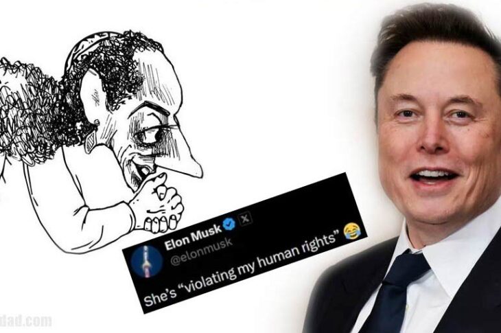 Caricatura de Claudia Sheinbaum y el tweet de Elon Musk.
