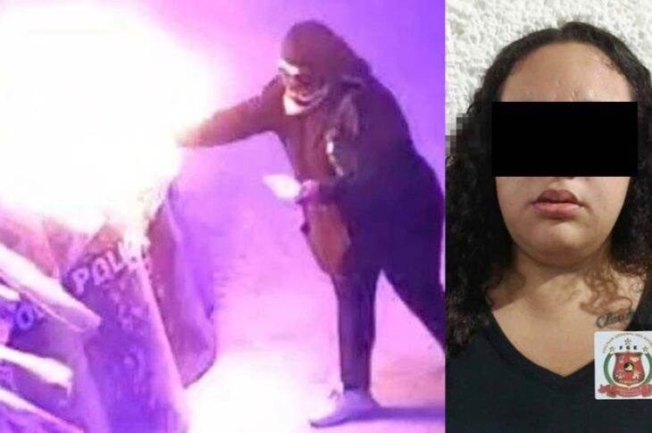 Mujer enciende a policías y la presunta responsable.