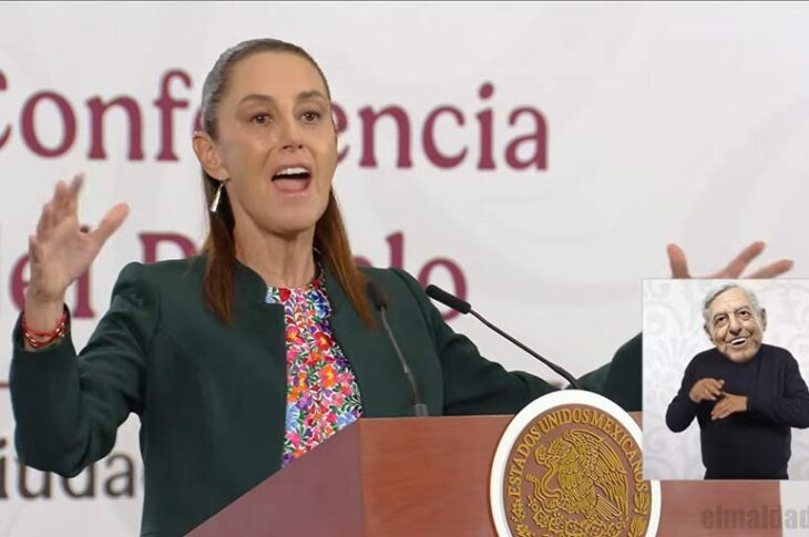 Claudia Sheinbaum en la mañanera y meme de AMLO.