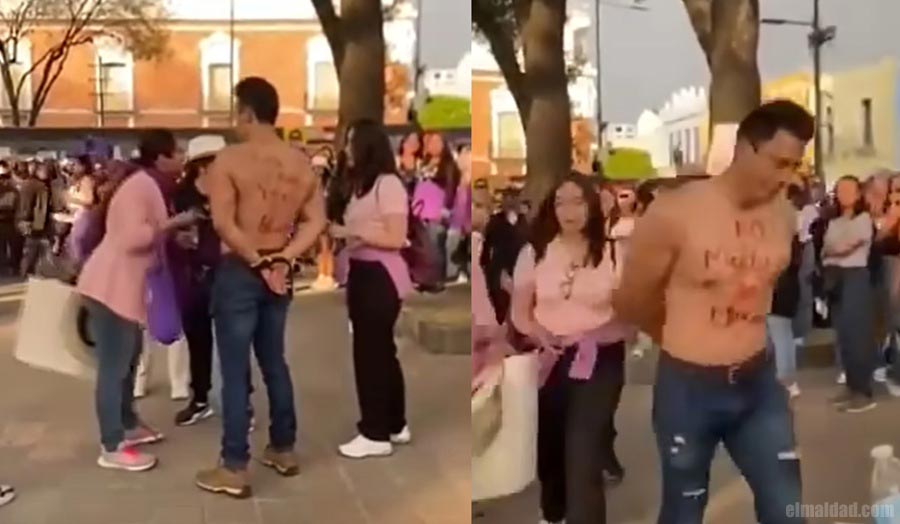 Deudor de pensión alimenticia exhibido en la marcha del 8M.