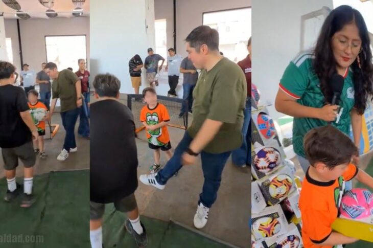 Armando Samaniego quitándole el balón a un niño y Michel Sánchez le da otro.