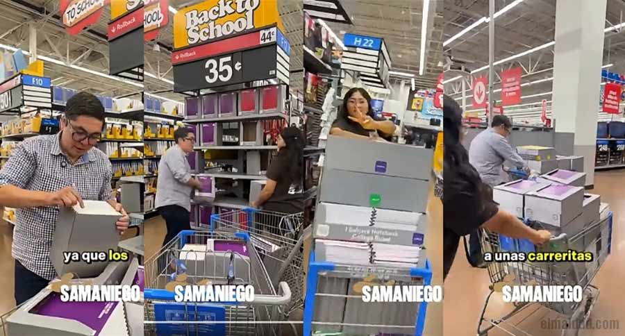 Armando Samaniego y Michel Sánchez comprando útiles escolares en Estados Unidos.