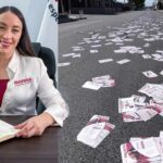 Julieta Ramírez y los flyers tirados (foto: Semanario Zeta).