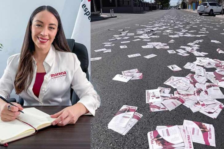 Julieta Ramírez y los flyers tirados (foto: Semanario Zeta).