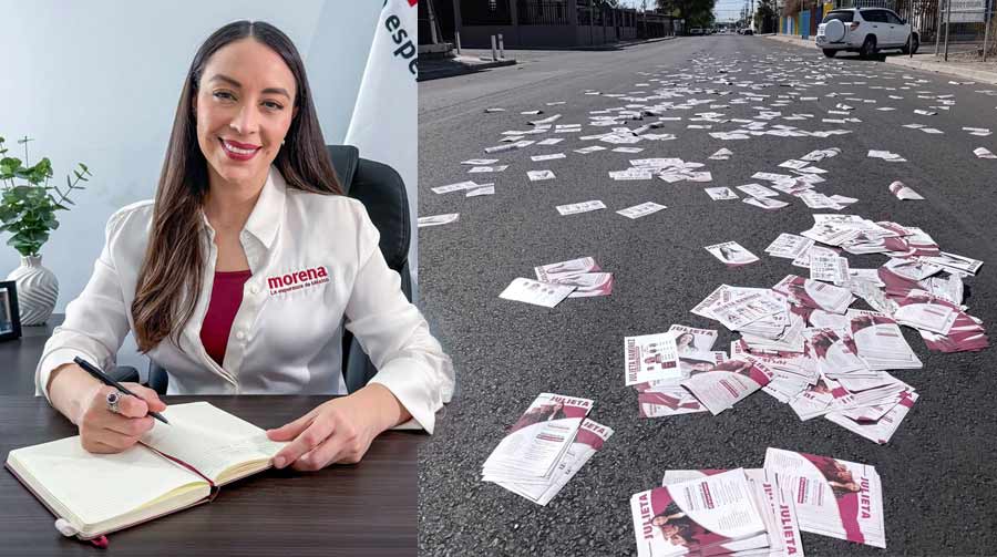 Julieta Ramírez y los flyers tirados (foto: Semanario Zeta).