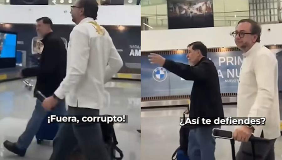 Noroña y su asistente en el aeropuerto internacional de la CDMX.