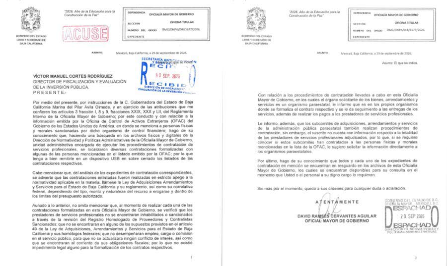 Oficio del Oficial Mayor.